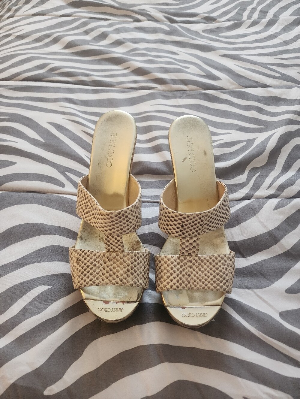 Jimmy Choo Beige Snake-Embossed Slip-On Mules